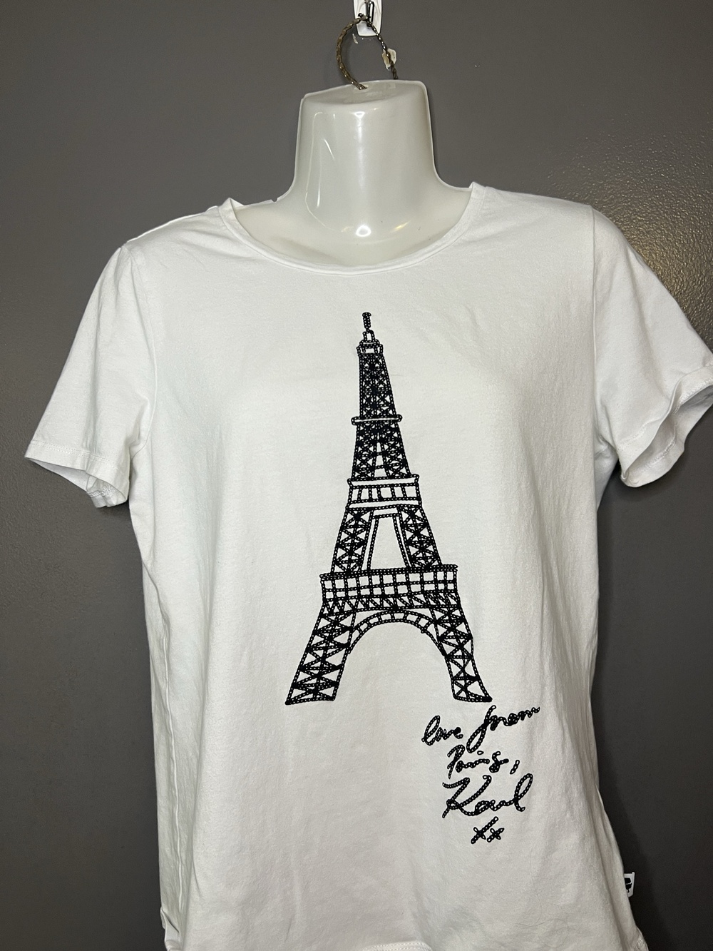 Karl Lagerfeld Paris Shirt Womens Small White Eiffel Tower Graphic Tee Top
